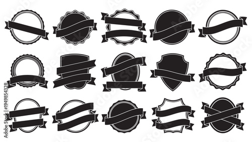 a set of black and white vintage crest emblem badges with ribbons on a white background, ideal for design and branding projects