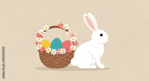 White easter bunny sitting next to a decorated basket with colorful eggs on beige background