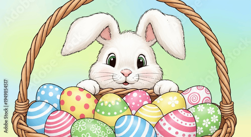 White easter bunny peeking out of a wicker basket filled with colorful decorated eggs on pastel background