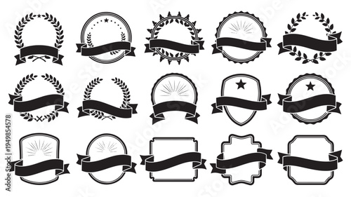 a set of black and white vintage crest emblem badges with ribbons and laurel wreaths, suitable for use in graphic design, branding, and advertising