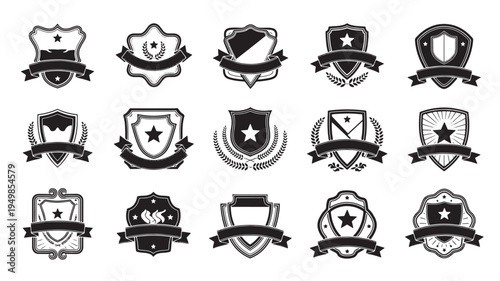 a set of black and white vintage crest emblem badges on a white background, ideal for design, branding, and identity projects