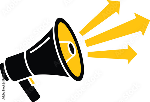 Megaphone broadcasting yellow sound waves and arrows symbolizes marketing communication icon