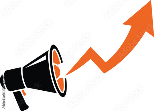 Megaphone announces upward trend and business growth with arrow going up