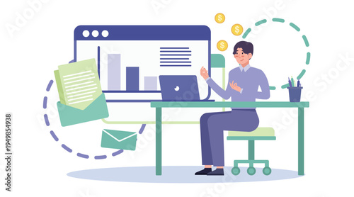 Accountant working at desk with computer and financial report, tax calculation, bookkeeping, office accounting work and business finance management illustration.