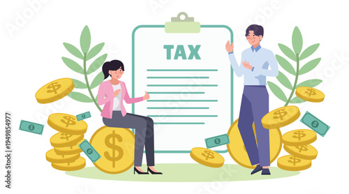 Tax document approval illustration with businessman and woman holding tax form, coins, money and financial report, accounting and finance concept.