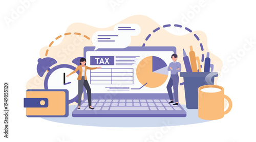 Accountant checking documents at desk with computer, tax report, files and office tools, bookkeeping and finance work illustration.