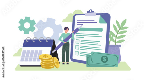 Finance management illustration with people reviewing tax report, money, document and accounting files, business financial planning concept.