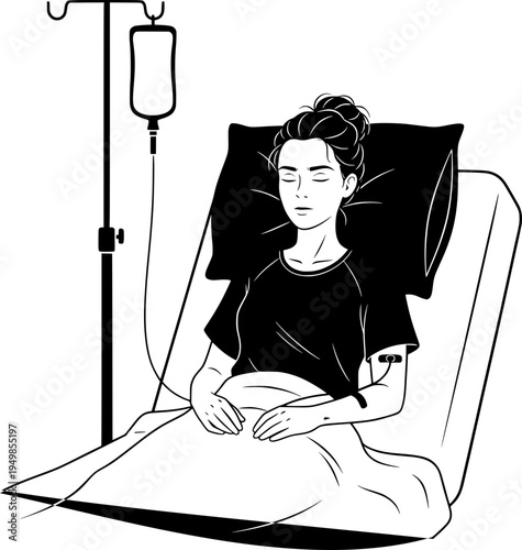 Illustration of a young woman lying in a hospital bed receiving intravenous (IV) treatment. Black and white line art of a patient resting in a clinic with an IV drip bag. Healthcare concept.
