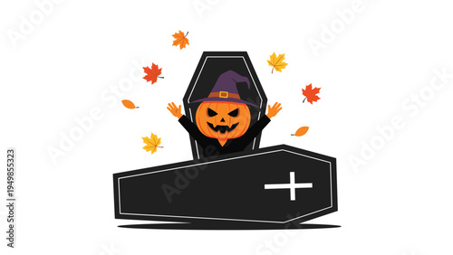 Spooky pumpkin head character wearing a witch hat rising from a black coffin with falling autumn leaves for halloween.