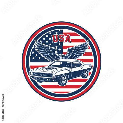 Vintage car emblem featuring american eagle and us flag design on circular patch.