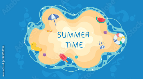 Summer Time on Tropical Island. Bright Beach Illustration with Ocean Waves, Sand, Seashells, and Holiday Vibes Perfect for Travel, Vacation, and Summer Promotion