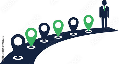 Business man on roadmap with pins showing progress and future success