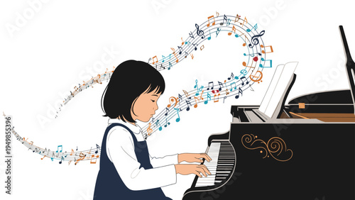 Talented young girl in a blue dress playing a black piano with colorful musical notes swirling in the air around her.