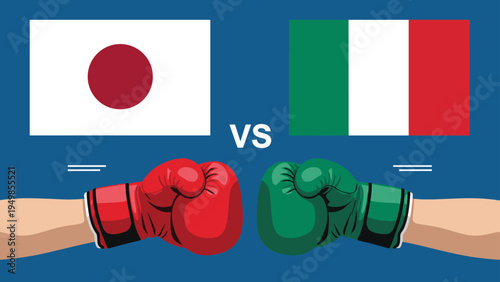 Boxing match concept with red and green gloves facing off between the crossed national flags of Japan and Italy.