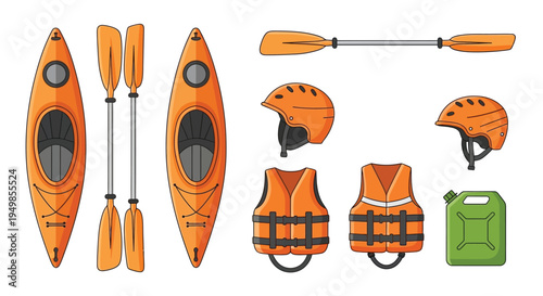 Kayaks paddles safety gear and a water container illustrated in a cartoon style