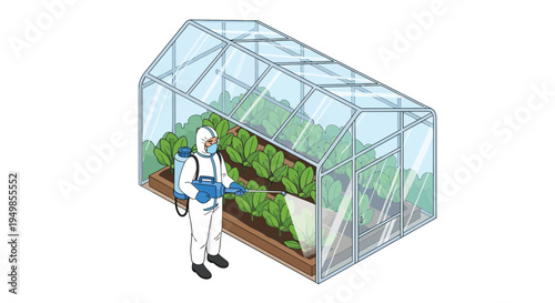 A worker in protective gear spraying plants inside a glass greenhouse