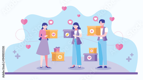 Giving help illustration with people sharing boxes, charity support, kindness, donation activity and community care concept.
