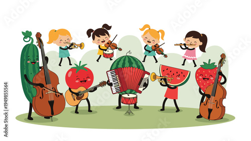 Joyful ensemble of young children and personified fruit characters playing musical instruments in a green field.