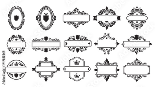 a set of ornate vintage crests, emblems, and badges in black and white, suitable for use in graphic design, branding, and advertising