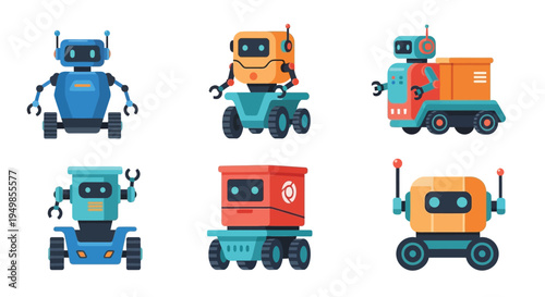 Colorful cartoon robots in various designs and configurations are displayed