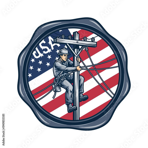 Lineman working on electrical pole with usa flag emblem in background