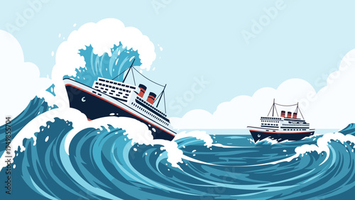 Two large cruise ships navigating through massive stormy waves and rough deep blue waters under a cloudy sky.