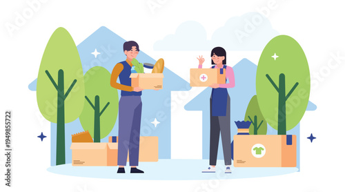 Volunteers carrying donation boxes outdoors, charity help concept with food supplies, humanitarian aid, teamwork and community support illustration.
