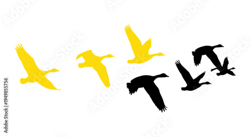 Geese Flying in Formation, Yellow and Black Silhouettes, White Background