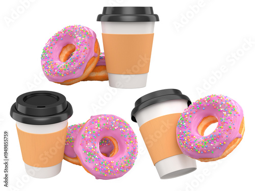 Assorted donuts with colorful icing and sprinkles next to takeaway coffee cups, isolated on white, sweet snack concept