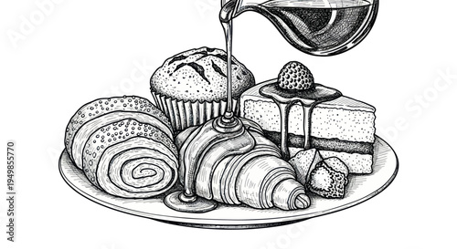 Hand-drawn delicious pastries and cake with syrup poured on a plate, black and white sketch.
