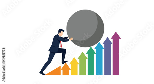 A businessman struggles to push a large boulder uphill against rising arrows