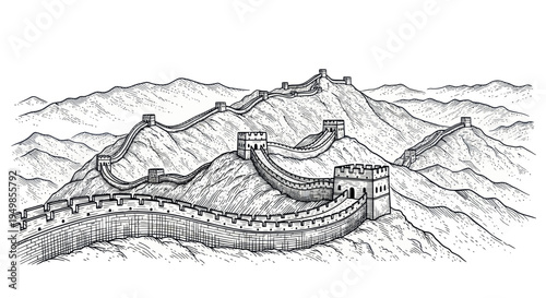 Great Wall of China, Ink Drawing, Ancient Fortification on Mountainous Terrain