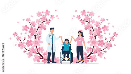 Young girl in a wheelchair holding hands with a doctor and a nurse under blooming cherry blossom branches representing medical support.