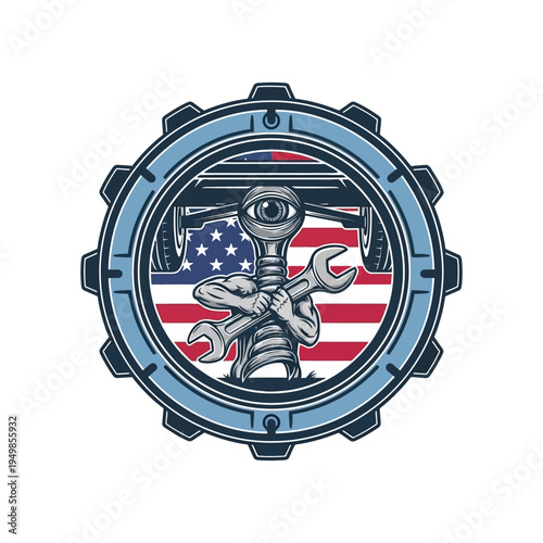 Patriotic gear with american flag and soldier design inside gear symbol