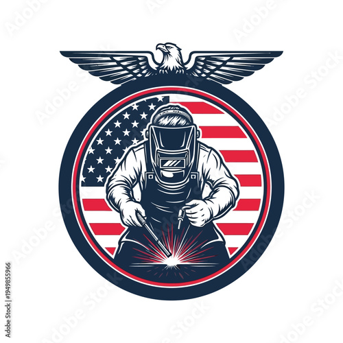 Welder in protective gear with american flag emblem and eagle motif