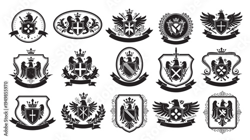 a set of black and white vintage crest emblem badges on a white background, suitable for design, branding, and identity projects