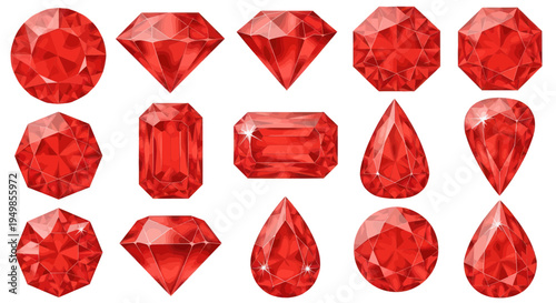 Collection of Red Gemstones, Ruby Cuts and Facets, Isolated on White Background