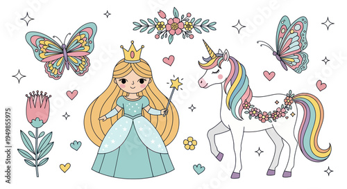 Cute Princess and Unicorn with Butterflies and Flowers - Fairytale Illustration