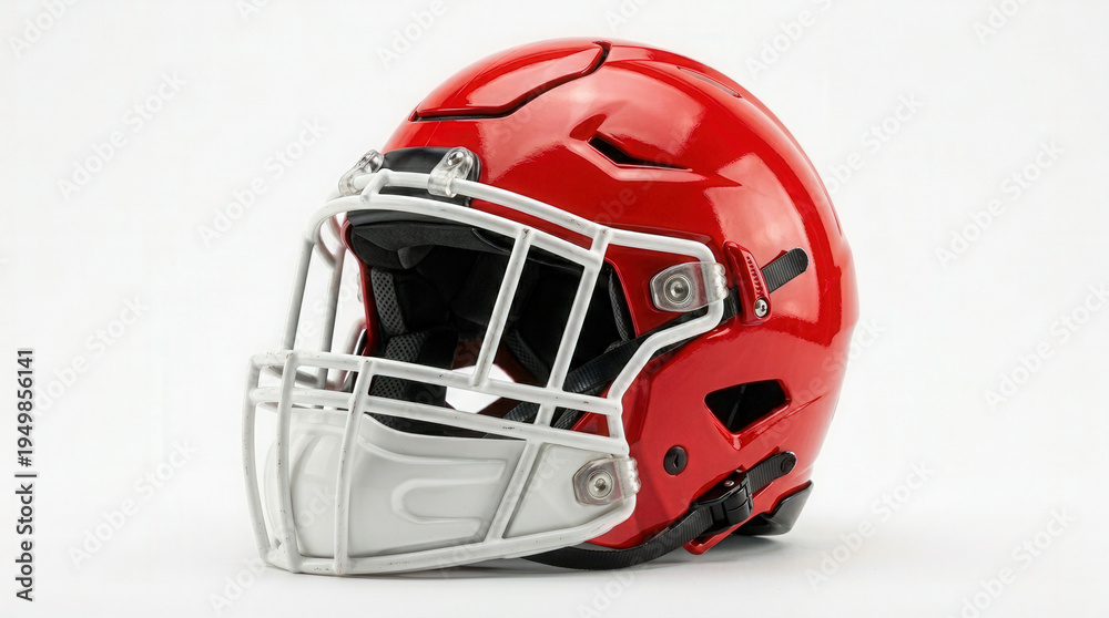 Fototapeta premium Red American Football Helmet with Face Mask for Contact Sports and Safety Gear