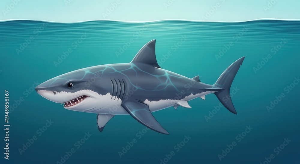 Obraz premium Realistic Digital Illustration of a Great White Shark Swimming in Ocean Water