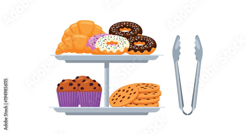A tiered dessert display featuring croissants donuts muffins and cookies