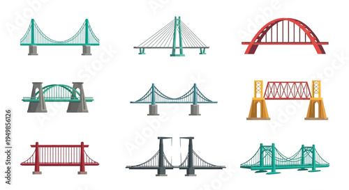 Collection of colorful stylized bridge illustrations depicting various designs