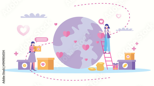 Global donation concept with people giving supplies around world, charity support, humanitarian aid, international help and social care illustration.