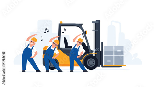 Warehouse workers in blue overalls performing morning stretching exercises next to a forklift and cardboard boxes to prevent injuries.