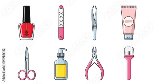 Collection of colorful manicure and pedicure tools arranged in two rows