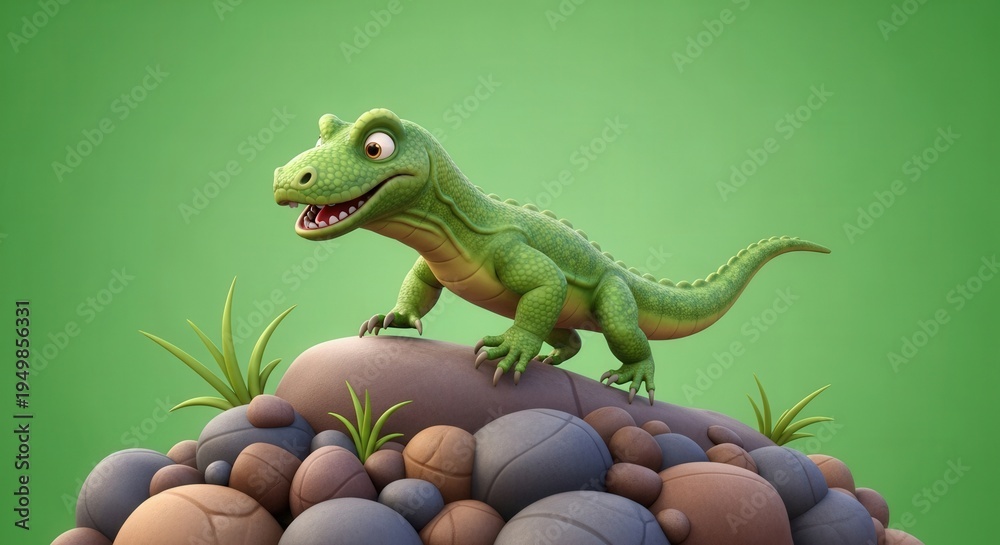Fototapeta premium Playful Cartoon Dinosaur Sitting on Pebbles in a Bright Green Environment