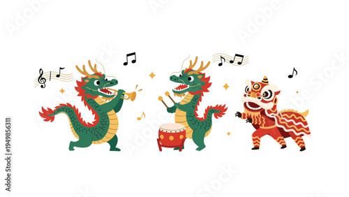 Traditional Chinese New Year performers in dragon and lion costumes playing drums and trumpets for a festive cultural celebration.