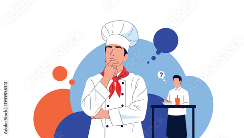 Professional chef in a white uniform and hat thinking about a recipe while a customer waits for their order in the background.