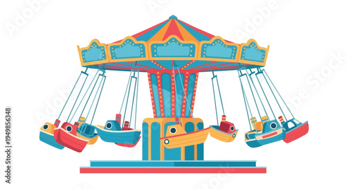 Colorful carousel swing ride with boat shaped seats in a playful design