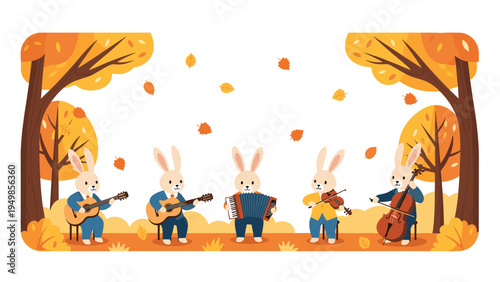 Adorable rabbits playing acoustic musical instruments in a beautiful autumn forest surrounded by falling orange leaves and trees.